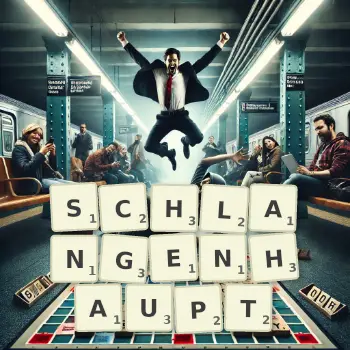 Kreative Illustration für ein Scrabble-Spiel, bei dem das Wort SCHLANGENHAUPT mit Steinen auf dem Brett gelegt wurde.