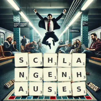 Kreative Illustration für ein Scrabble-Spiel, bei dem das Wort SCHLANGENHAUSES mit Steinen auf dem Brett gelegt wurde.