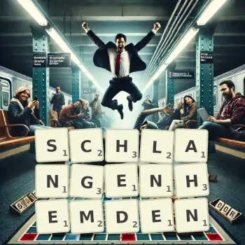 Kreative Illustration für ein Scrabble-Spiel, bei dem das Wort SCHLANGENHEMDEN mit Steinen auf dem Brett gelegt wurde.