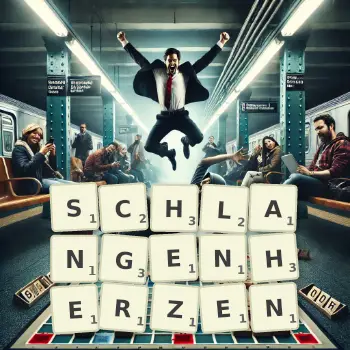 Kreative Illustration für ein Scrabble-Spiel, bei dem das Wort SCHLANGENHERZEN mit Steinen auf dem Brett gelegt wurde.