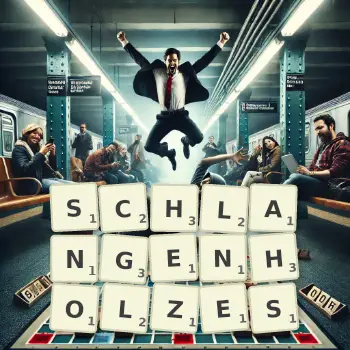 Kreative Illustration für ein Scrabble-Spiel, bei dem das Wort SCHLANGENHOLZES mit Steinen auf dem Brett gelegt wurde.