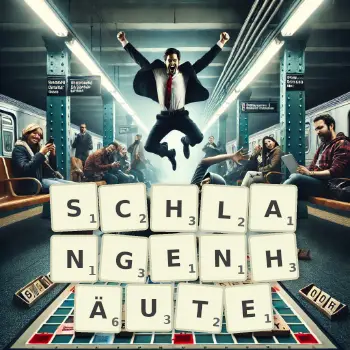 Kreative Illustration für ein Scrabble-Spiel, bei dem das Wort SCHLANGENHÄUTE mit Steinen auf dem Brett gelegt wurde.
