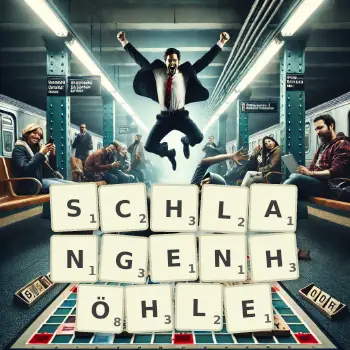 Kreative Illustration für ein Scrabble-Spiel, bei dem das Wort SCHLANGENHÖHLE mit Steinen auf dem Brett gelegt wurde.