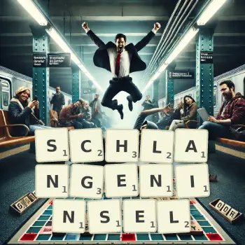Kreative Illustration für ein Scrabble-Spiel, bei dem das Wort SCHLANGENINSEL mit Steinen auf dem Brett gelegt wurde.
