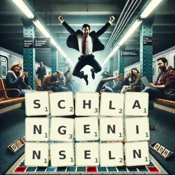 Kreative Illustration für ein Scrabble-Spiel, bei dem das Wort SCHLANGENINSELN mit Steinen auf dem Brett gelegt wurde.