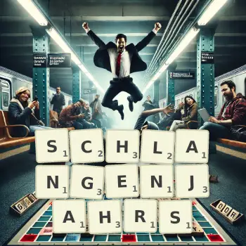 Kreative Illustration für ein Scrabble-Spiel, bei dem das Wort SCHLANGENJAHRS mit Steinen auf dem Brett gelegt wurde.