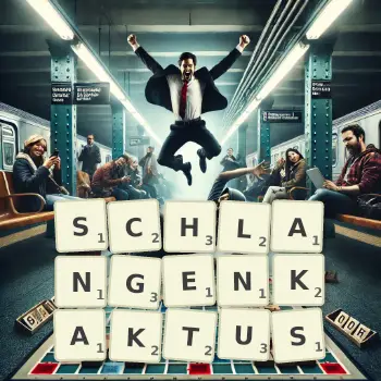 Kreative Illustration für ein Scrabble-Spiel, bei dem das Wort SCHLANGENKAKTUS mit Steinen auf dem Brett gelegt wurde.