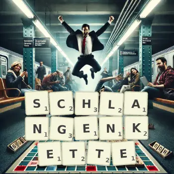 Kreative Illustration für ein Scrabble-Spiel, bei dem das Wort SCHLANGENKETTE mit Steinen auf dem Brett gelegt wurde.