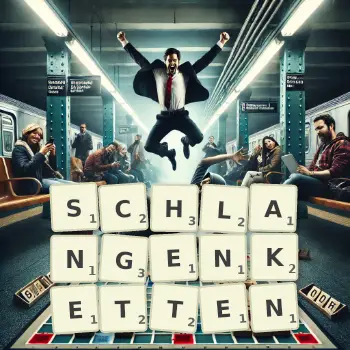 Kreative Illustration für ein Scrabble-Spiel, bei dem das Wort SCHLANGENKETTEN mit Steinen auf dem Brett gelegt wurde.