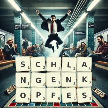 Kreative Illustration für ein Scrabble-Spiel, bei dem das Wort SCHLANGENKOPFES mit Steinen auf dem Brett gelegt wurde.