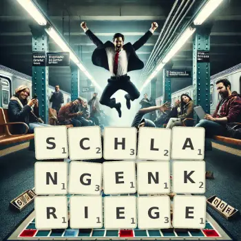 Kreative Illustration für ein Scrabble-Spiel, bei dem das Wort SCHLANGENKRIEGE mit Steinen auf dem Brett gelegt wurde.