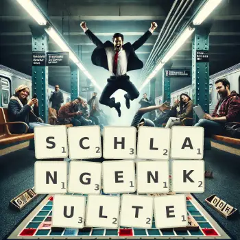 Kreative Illustration für ein Scrabble-Spiel, bei dem das Wort SCHLANGENKULTE mit Steinen auf dem Brett gelegt wurde.