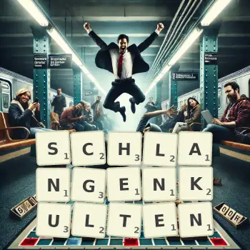 Kreative Illustration für ein Scrabble-Spiel, bei dem das Wort SCHLANGENKULTEN mit Steinen auf dem Brett gelegt wurde.