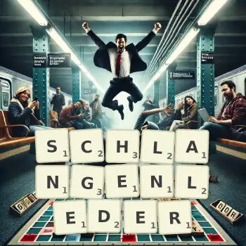 Kreative Illustration für ein Scrabble-Spiel, bei dem das Wort SCHLANGENLEDER mit Steinen auf dem Brett gelegt wurde.