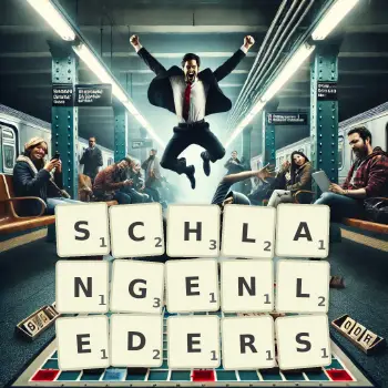 Kreative Illustration für ein Scrabble-Spiel, bei dem das Wort SCHLANGENLEDERS mit Steinen auf dem Brett gelegt wurde.
