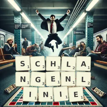 Kreative Illustration für ein Scrabble-Spiel, bei dem das Wort SCHLANGENLINIE mit Steinen auf dem Brett gelegt wurde.