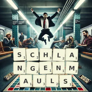 Kreative Illustration für ein Scrabble-Spiel, bei dem das Wort SCHLANGENMAULS mit Steinen auf dem Brett gelegt wurde.