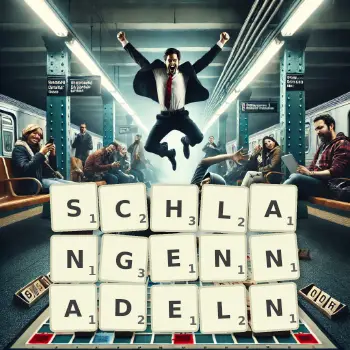 Kreative Illustration für ein Scrabble-Spiel, bei dem das Wort SCHLANGENNADELN mit Steinen auf dem Brett gelegt wurde.