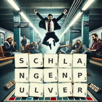 Kreative Illustration für ein Scrabble-Spiel, bei dem das Wort SCHLANGENPULVER mit Steinen auf dem Brett gelegt wurde.