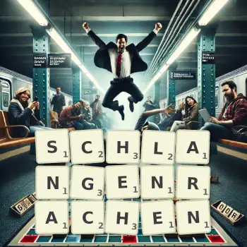 Kreative Illustration für ein Scrabble-Spiel, bei dem das Wort SCHLANGENRACHEN mit Steinen auf dem Brett gelegt wurde.