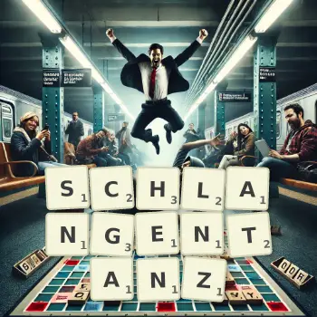 Kreative Illustration für ein Scrabble-Spiel, bei dem das Wort SCHLANGENTANZ mit Steinen auf dem Brett gelegt wurde.