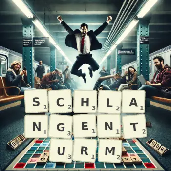 Kreative Illustration für ein Scrabble-Spiel, bei dem das Wort SCHLANGENTURM mit Steinen auf dem Brett gelegt wurde.