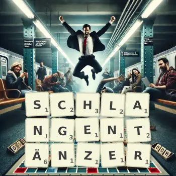 Kreative Illustration für ein Scrabble-Spiel, bei dem das Wort SCHLANGENTÄNZER mit Steinen auf dem Brett gelegt wurde.