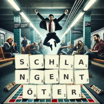 Kreative Illustration für ein Scrabble-Spiel, bei dem das Wort SCHLANGENTÖTER mit Steinen auf dem Brett gelegt wurde.