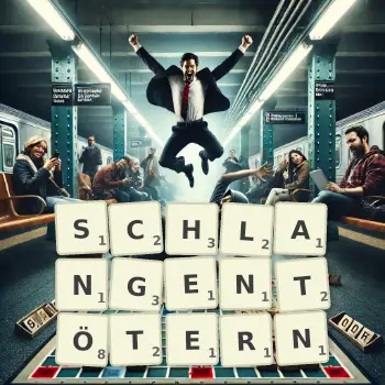 Kreative Illustration für ein Scrabble-Spiel, bei dem das Wort SCHLANGENTÖTERN mit Steinen auf dem Brett gelegt wurde.