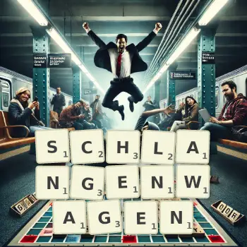 Kreative Illustration für ein Scrabble-Spiel, bei dem das Wort SCHLANGENWAGEN mit Steinen auf dem Brett gelegt wurde.
