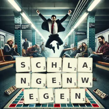 Kreative Illustration für ein Scrabble-Spiel, bei dem das Wort SCHLANGENWEGEN mit Steinen auf dem Brett gelegt wurde.