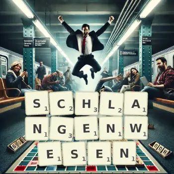 Kreative Illustration für ein Scrabble-Spiel, bei dem das Wort SCHLANGENWESEN mit Steinen auf dem Brett gelegt wurde.