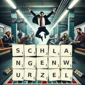 Kreative Illustration für ein Scrabble-Spiel, bei dem das Wort SCHLANGENWURZEL mit Steinen auf dem Brett gelegt wurde.