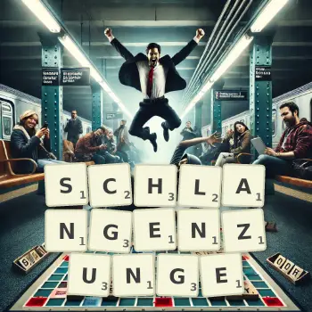 Kreative Illustration für ein Scrabble-Spiel, bei dem das Wort SCHLANGENZUNGE mit Steinen auf dem Brett gelegt wurde.
