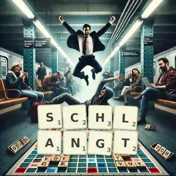 Kreative Illustration für ein Scrabble-Spiel, bei dem das Wort SCHLANGT mit Steinen auf dem Brett gelegt wurde.