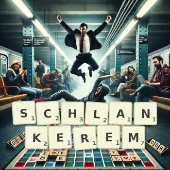Kreative Illustration für ein Scrabble-Spiel, bei dem das Wort SCHLANKEREM mit Steinen auf dem Brett gelegt wurde.