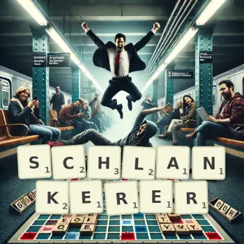 Kreative Illustration für ein Scrabble-Spiel, bei dem das Wort SCHLANKERER mit Steinen auf dem Brett gelegt wurde.