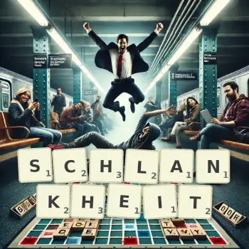 Kreative Illustration für ein Scrabble-Spiel, bei dem das Wort SCHLANKHEIT mit Steinen auf dem Brett gelegt wurde.