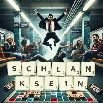 Kreative Illustration für ein Scrabble-Spiel, bei dem das Wort SCHLANKSEIN mit Steinen auf dem Brett gelegt wurde.
