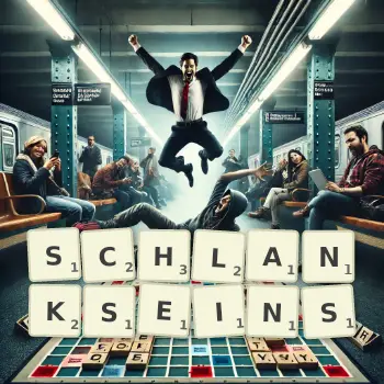 Kreative Illustration für ein Scrabble-Spiel, bei dem das Wort SCHLANKSEINS mit Steinen auf dem Brett gelegt wurde.