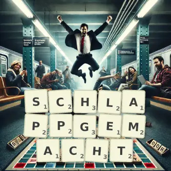Kreative Illustration für ein Scrabble-Spiel, bei dem das Wort SCHLAPPGEMACHT mit Steinen auf dem Brett gelegt wurde.