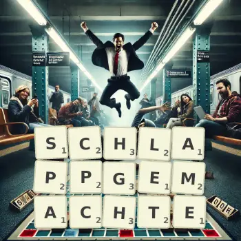 Kreative Illustration für ein Scrabble-Spiel, bei dem das Wort SCHLAPPGEMACHTE mit Steinen auf dem Brett gelegt wurde.