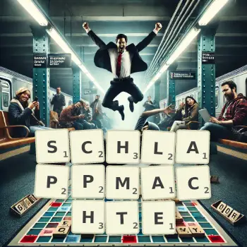 Kreative Illustration für ein Scrabble-Spiel, bei dem das Wort SCHLAPPMACHTE mit Steinen auf dem Brett gelegt wurde.