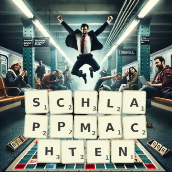 Kreative Illustration für ein Scrabble-Spiel, bei dem das Wort SCHLAPPMACHTEN mit Steinen auf dem Brett gelegt wurde.