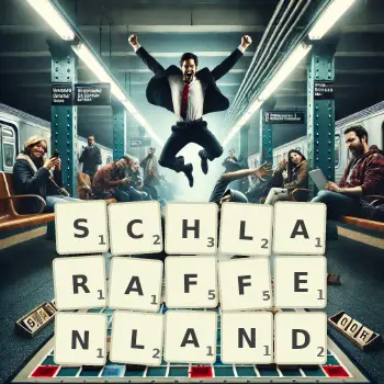 Kreative Illustration für ein Scrabble-Spiel, bei dem das Wort SCHLARAFFENLAND mit Steinen auf dem Brett gelegt wurde.