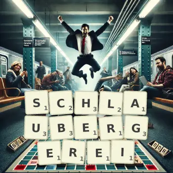 Kreative Illustration für ein Scrabble-Spiel, bei dem das Wort SCHLAUBERGEREI mit Steinen auf dem Brett gelegt wurde.