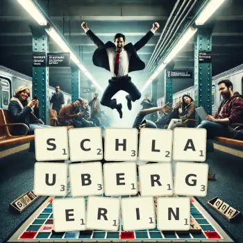 Kreative Illustration für ein Scrabble-Spiel, bei dem das Wort SCHLAUBERGERIN mit Steinen auf dem Brett gelegt wurde.