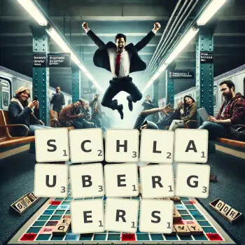 Kreative Illustration für ein Scrabble-Spiel, bei dem das Wort SCHLAUBERGERS mit Steinen auf dem Brett gelegt wurde.