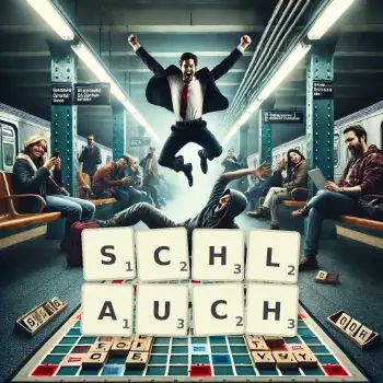 Kreative Illustration für ein Scrabble-Spiel, bei dem das Wort SCHLAUCH mit Steinen auf dem Brett gelegt wurde.