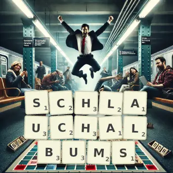 Kreative Illustration für ein Scrabble-Spiel, bei dem das Wort SCHLAUCHALBUMS mit Steinen auf dem Brett gelegt wurde.